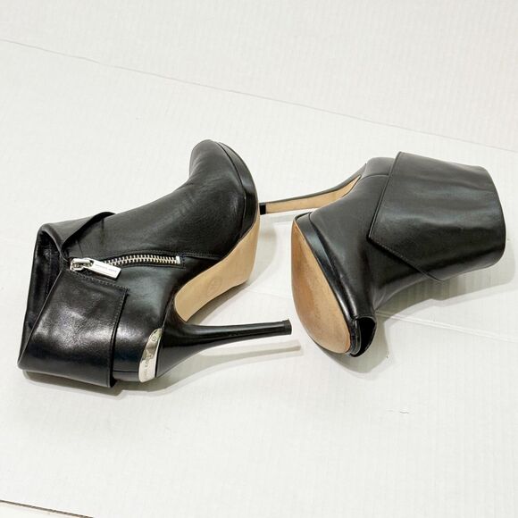 Michael Kors Black Leather Foldover Kendra Open Peep Toe Stiletto Booties 7M - Picture 5 of 12